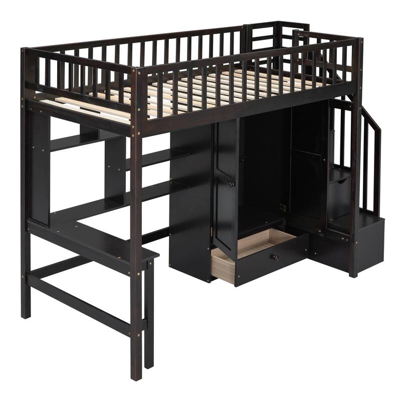 Twin Loft Bed with Bookshelf, Drawers, Desk, and Wardrobe in Espresso