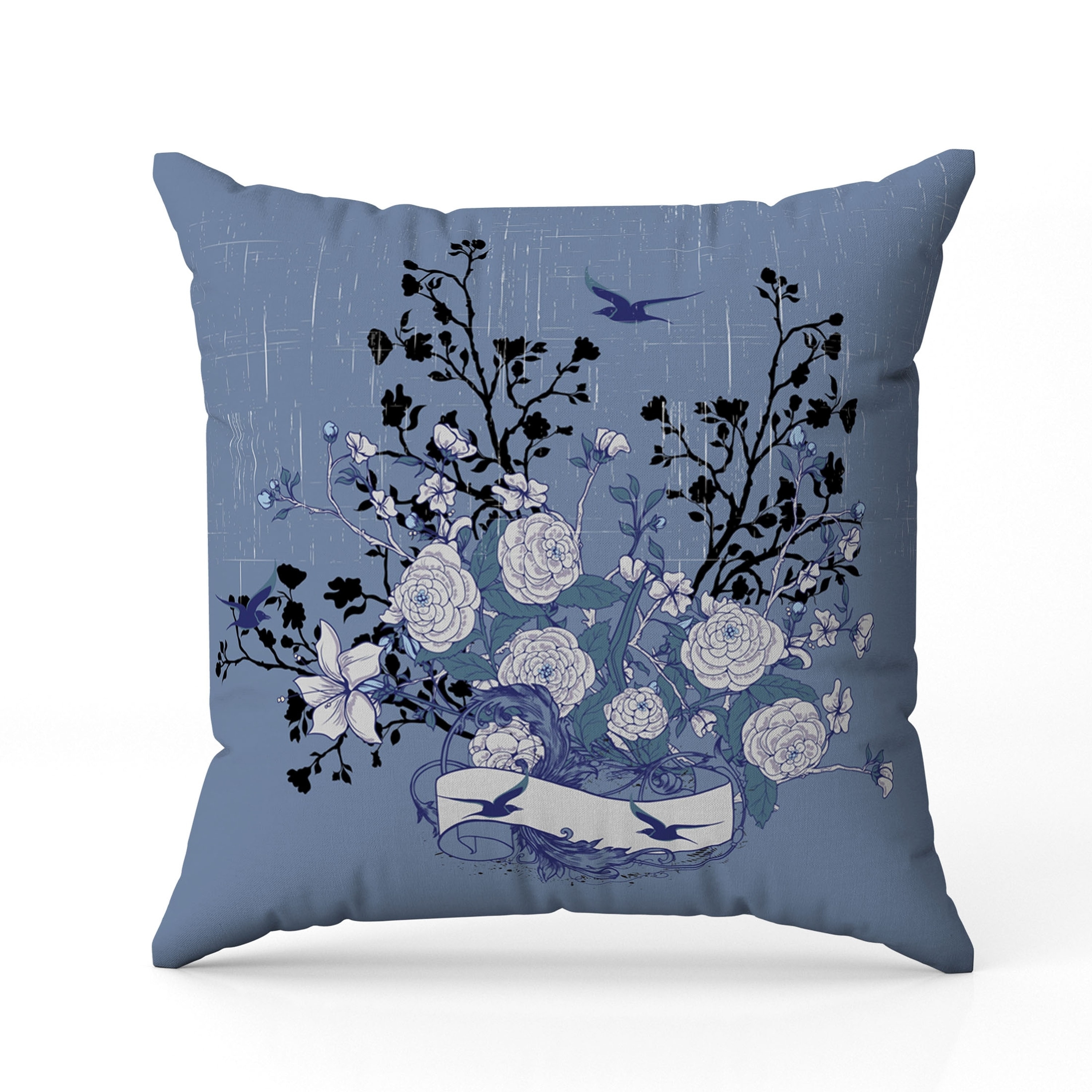Elegant Floral Bouquet Faux Suede Reversible Throw Pillow Blue and White
