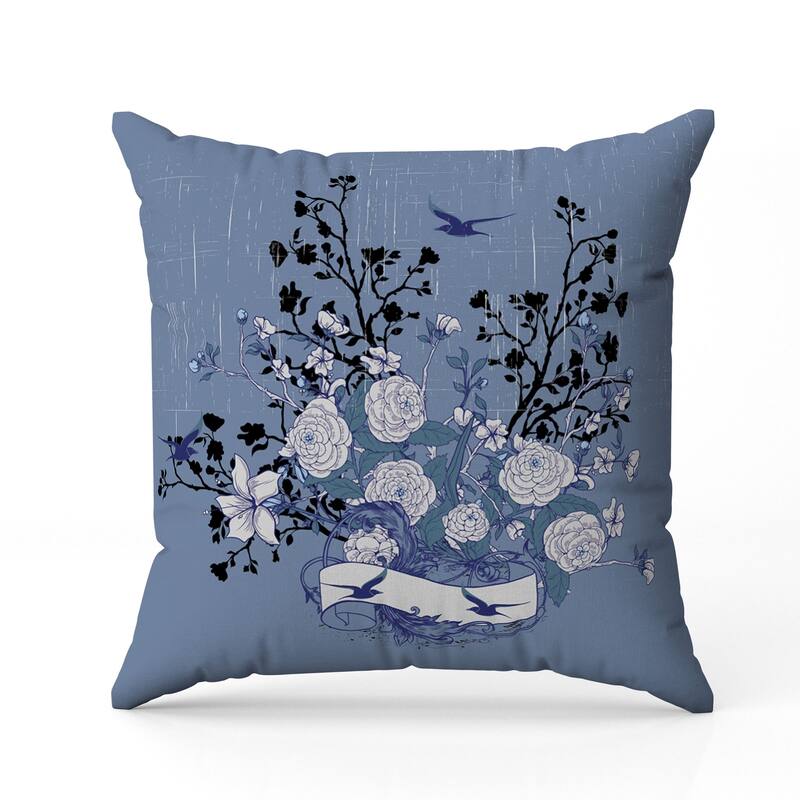 Elegant Floral Bouquet Indoor/Outdoor Reversible Throw Pillow Blue and White