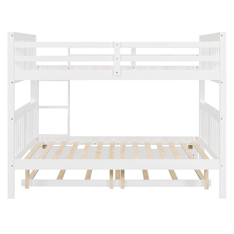 Full over Full Bunk Bed with Twin Size Trundle and Ladder-White