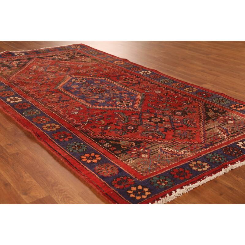 Red Hamedan Persian Vintage Rug Handmade Wool Carpet - 4'1" x 7'1" - 4'1" x 7'1" - Red