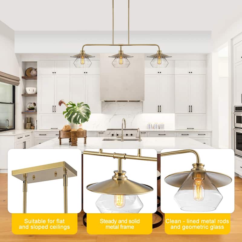 Modern 3-Light Linear Pendant Light with Clear Glass Lampshades - Dia.42.13-in