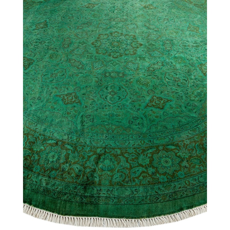 Overton Hand Knotted Wool Vintage Inspired Modern Contemporary Overdyed Green Round Area Rug - 7' 8" x 7' 10"