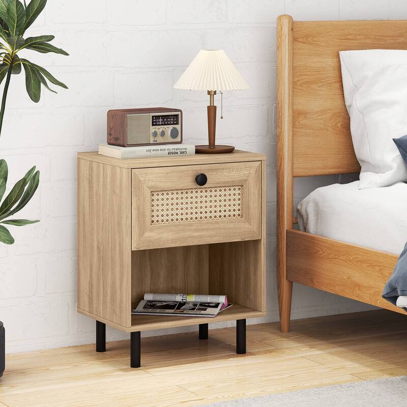 Costway 1/2 PCS Rattan Nightstand Boho End Table with Drawer & Open - See Details