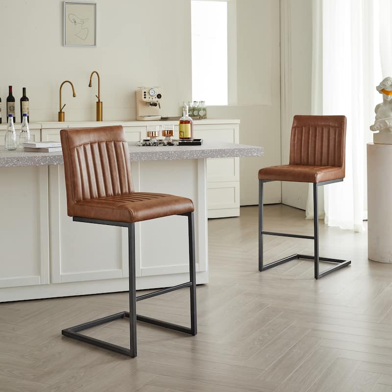 Set of 2 Vintage Brown Faux Leather Bar Stools, 26" Height with Tufted Backrest & Black Metal Frame
