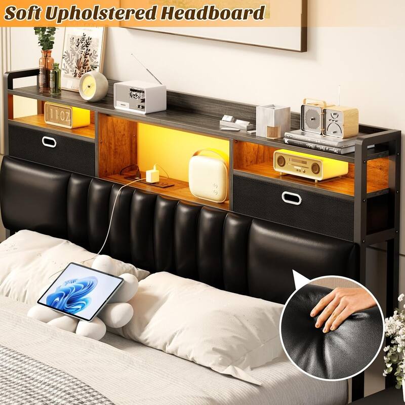 Upholstered Headboard with Drawer Storage and RGB LED Light, Sturdy Headboard with Charging Station ＆ Bookcase