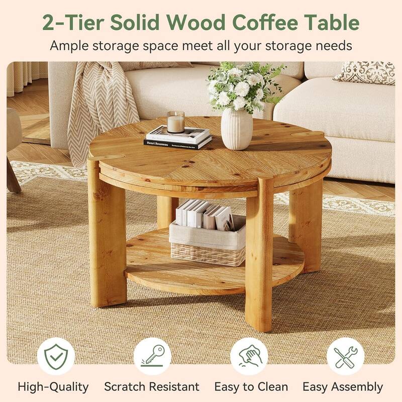Farmhouse 2-Tier Round Solid Wood Coffee Table, 31.5" Circle Accent Center Tables for Living Room