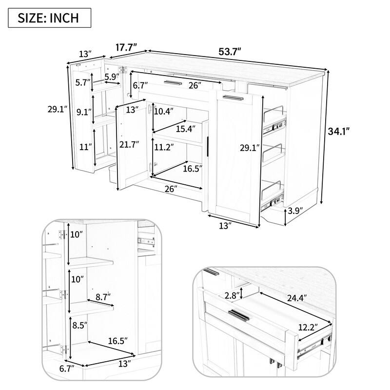 53.7" Kitchen Island Storage with 3-Tier Pull-Out Rack and Adjustable Shelves for Kitchen, Dining Room