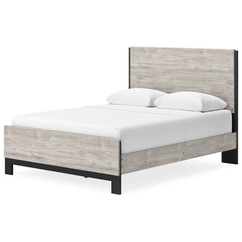 Veso Queen Size Panel Bed with Matte Black Finished Base, Gray Wood
