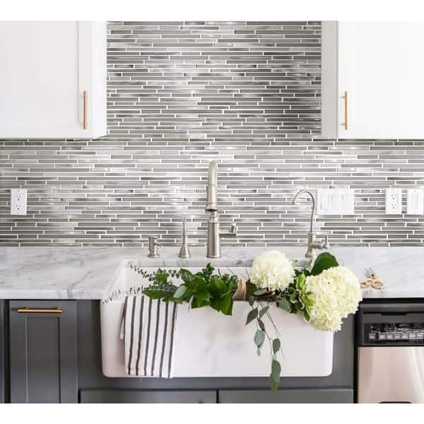 slide 2 of 2, Apollo Tile 5 pack 11.8-in x 11.8-in Waterfall Silver White Linear Glass and Metal Mosaic Tile (4.83 Sq ft/case)