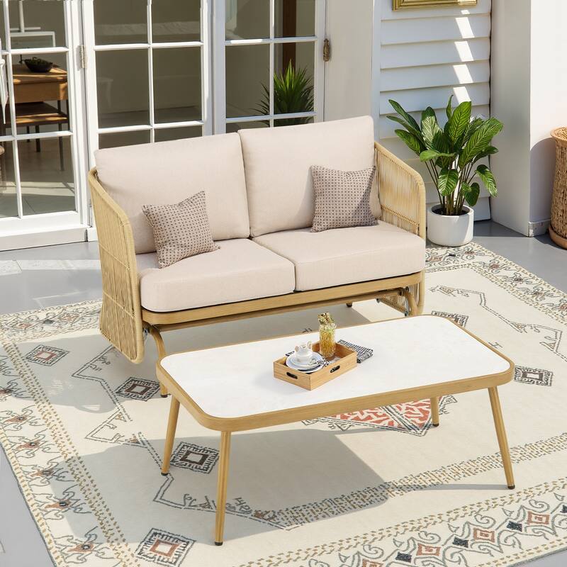 Pocassy Patio 2-Seat Sofa Glider Chair with Coffee Table - Yellow Wicker Beige Cushion - 2-Piece Patio Loveseat Sofa with Coffee Table