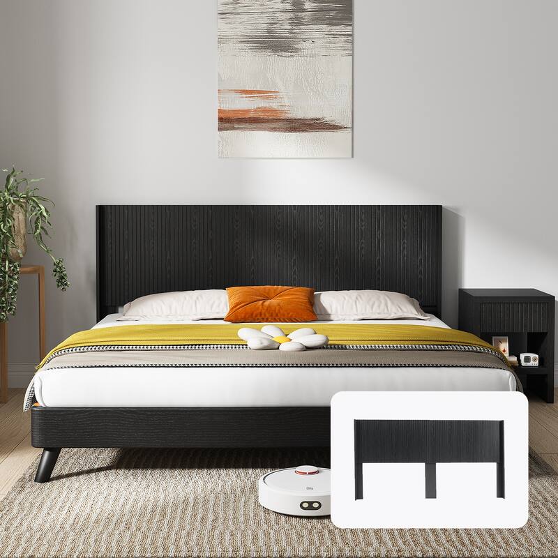 King Size Wood Headboard, Modern Farmhouse Design, Wall Mounted Fluted Panel, Black Oak Finish - Black Woodgrain