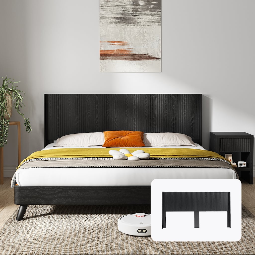 King Size Wood Headboard, Modern Farmhouse Design, Wall Mounted Fluted Panel, Black Oak Finish