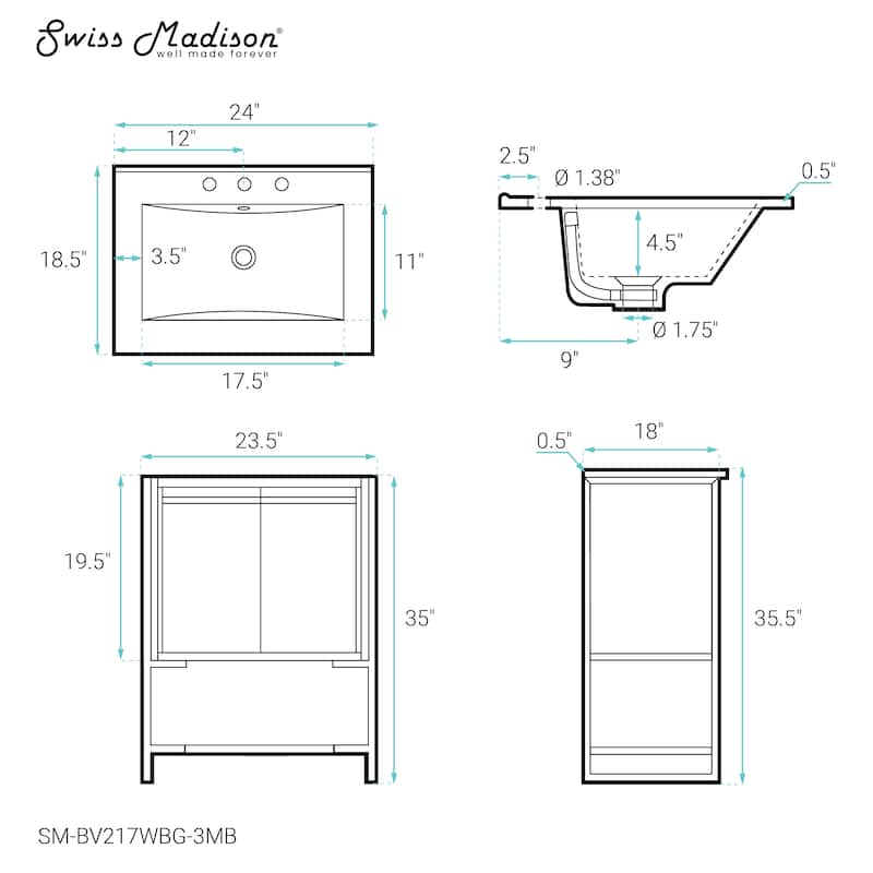 Marseille 24 In. White Bathroom Vanity With Black, 3-Hole Ceramic Sink Top