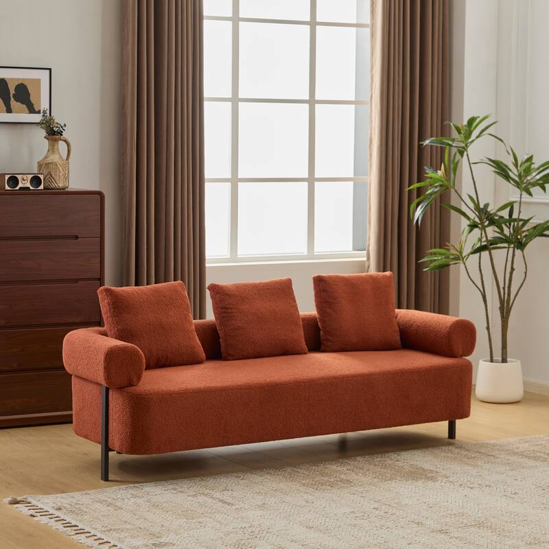 78" Modern 3-Seater Sofa Couch, Upholstered Sofa with Rolled Armrests & 3 Plush Pillows, Comfy Couch for Living Room, Bedroom - Orange