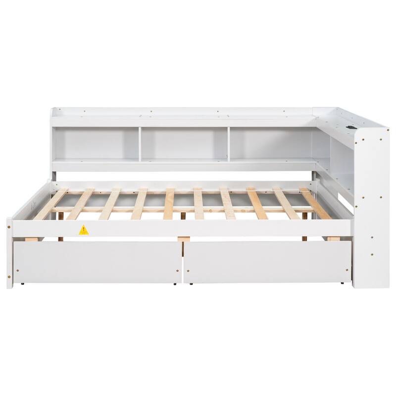 Full Size L-Shaped Bookcase Bed with USB Charging Ports and Storage Drawers