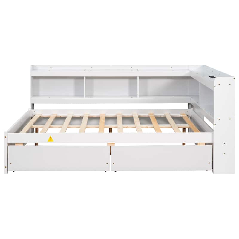 Full Size L-shaped Bookcases Bed with Power Outlets, USB Charging Ports,Two Drawers