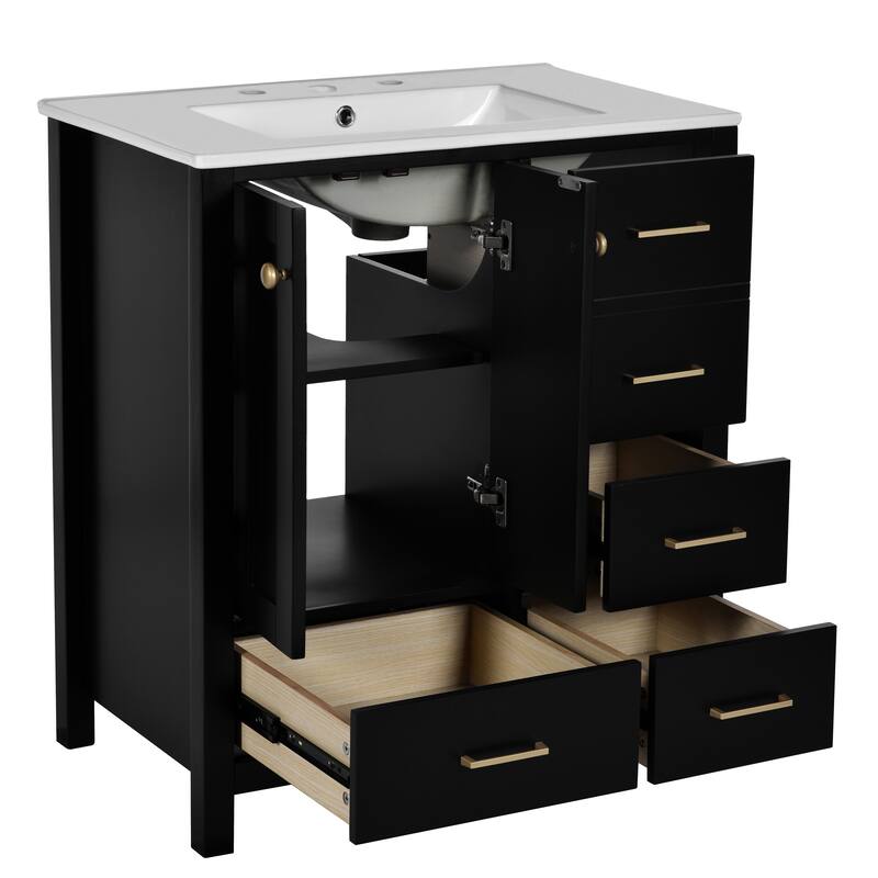 30-Inch Retro Style Bathroom Vanity with Ceramic Sink, 4 Drawers, Soft-Close Hinges, High-Quality MDF Construction