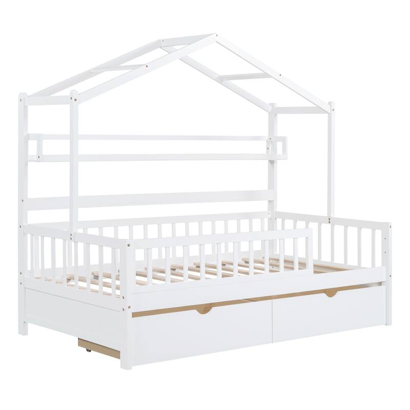 Pine House Bed with Roof, Drawers, and Shelf