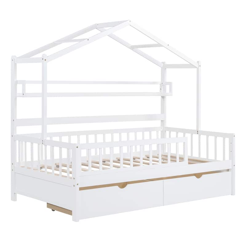 Kids Wood Bed Frame Roof House Bed with 2 Pull-out Drawers, Storage Platform Bed, Wood Slat Support Panel Bed