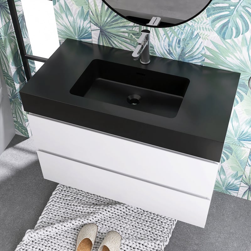 24"/30"/36" Wall-Mounted Bathroom Vanity Set with Black Integrated Quartz Sand Sink