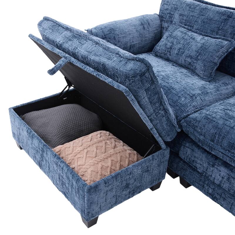 Modern Chenille Chaise Couch L-shaped Sectional Sofa with Storage Ottoman, Phone Holder, USB/Type-C Ports and Side Pockets