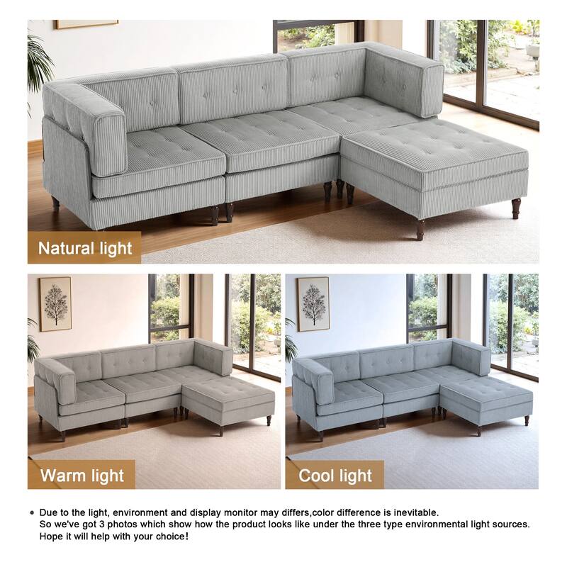 UIXE 4 - Piece Corduroy Sectional Sofa with Flip-Top Storage Ottoman Coffee Table