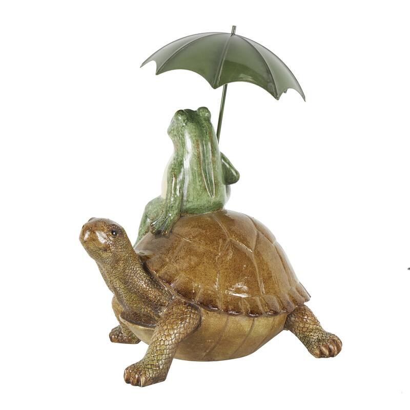 Resin Frog Sitting Decorative Sculpture with Umbrella and Brown Walking Turtle - Bronze - Roche River Decor