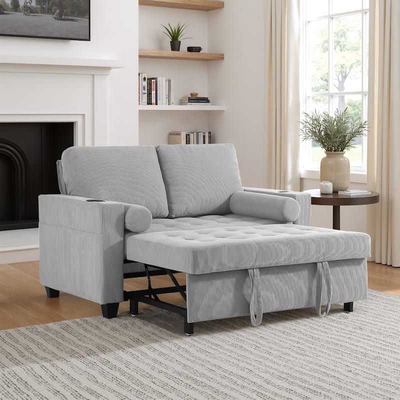 Corduroy Pull-Out Chair Bed Adjustable Recline Convertible Sleeper Sofa - Light Grey