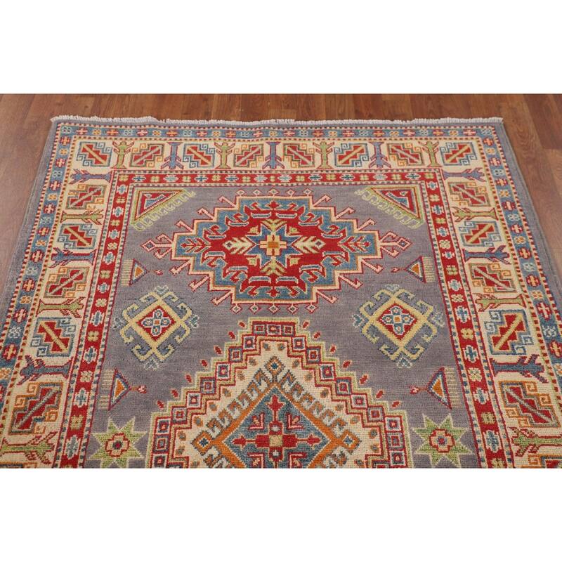 Grey Geometric Kazak Area Rug Handmade Oriental Wool Carpet - 4'1" x 6'2"