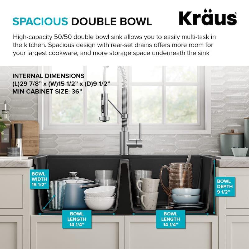 KRAUS Granite 33 inch 2-Bowl Undermount Drop-in Kitchen Sink