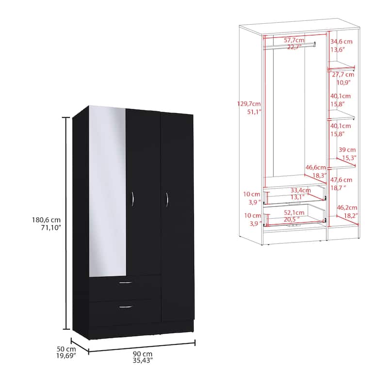 Riverside 3 Door Mirrored Armoire with Two Drawers, Four Shelves - N/A