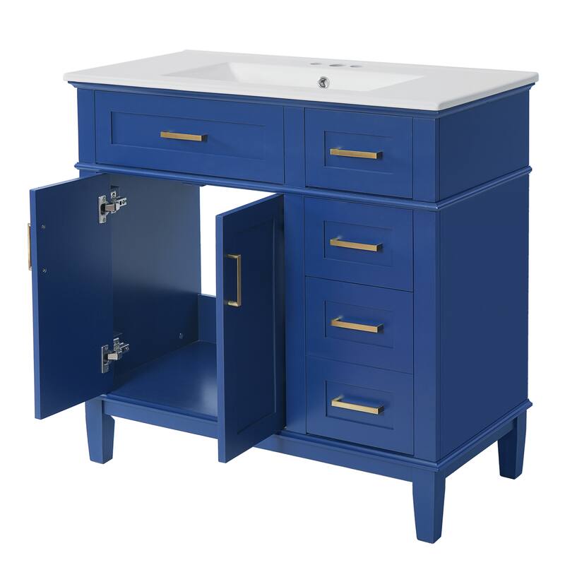 36" Blue Modern Bathroom Vanity with Ceramic Sink, Soft Close Doors, 4 Drawers for Storage, Elegant Design for Small Bathrooms