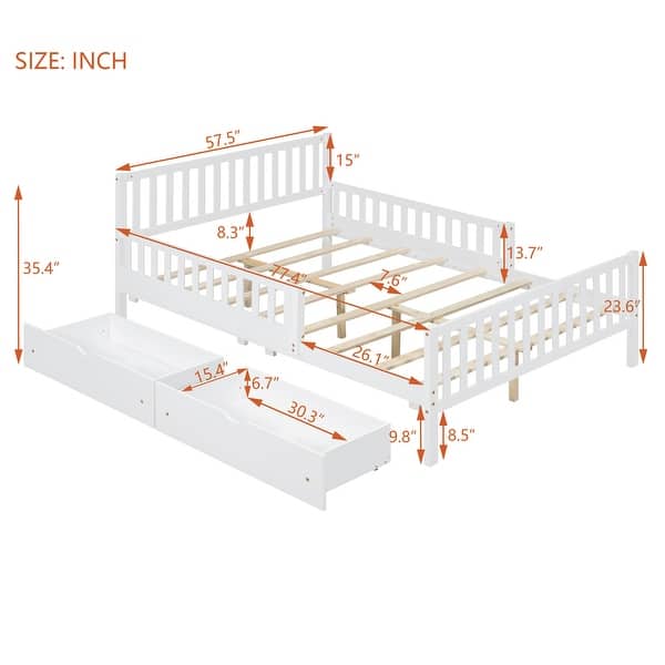 Full Size Wood Platform Bed with Guardrails on Both Sides and Two Storage Drawers, White