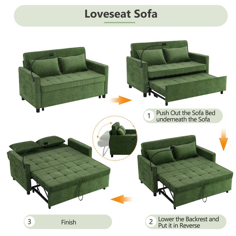 Loveseat Sofa Pull-out Sofa Bed with a Reversible Backrest Cushion, Side Pockets, Two USB Ports and a Phone Holder