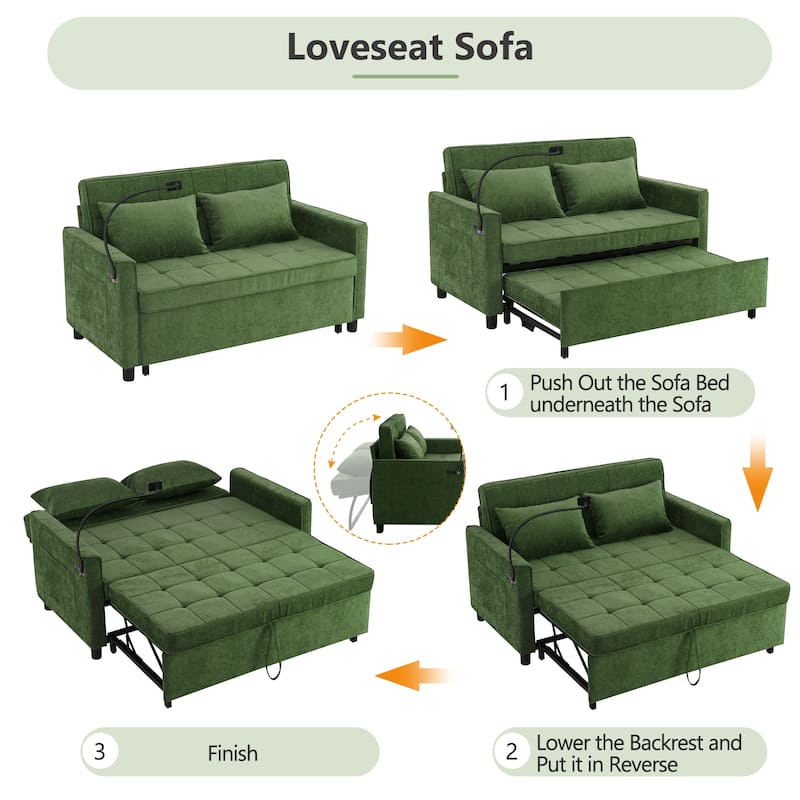 Roomfitters Loveseat Sleeper Sofa Bed with USB Ports, Reversible Cushion, Side Pockets and Phone Holder