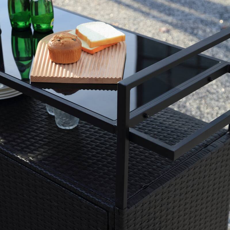 Outdoor Wicker Patio Wine Serving Cart with Wheels,Glass Top for Porch Backyard Garden Poolside Party