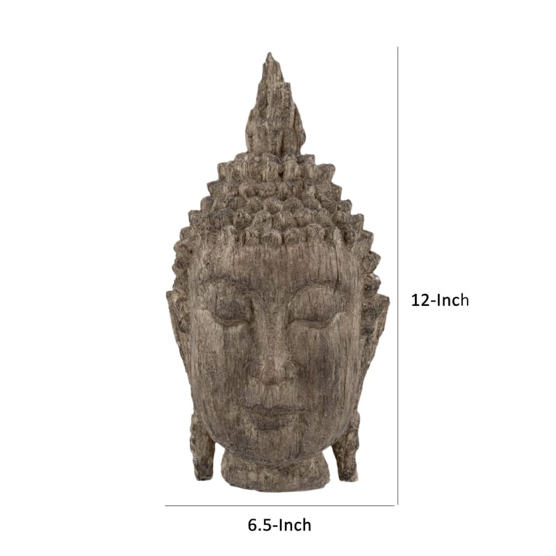 12 Inch Buddha Head Sculpture, Calming Accent Decoration, Polyresin, Brown