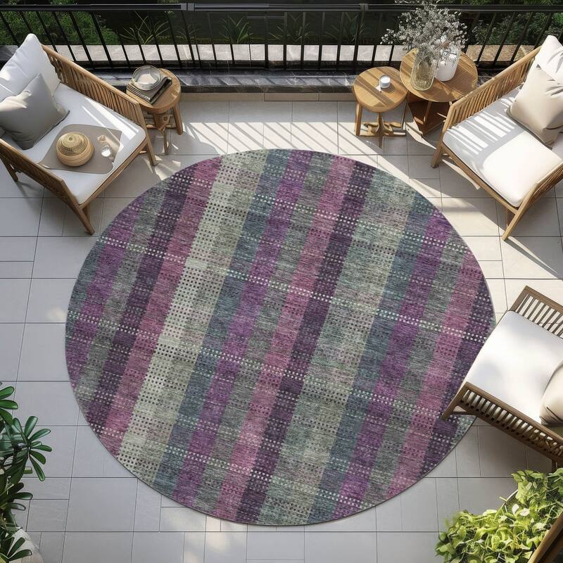 Machine Washable Indoor/ Outdoor Modern Plaid Chantille Rug - Plum - 8' x 8'