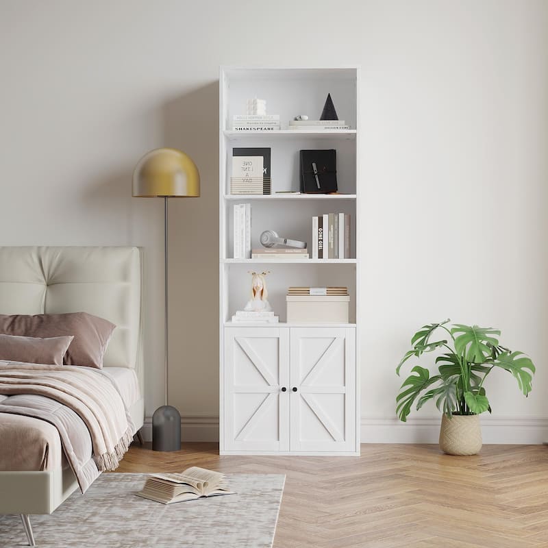 71.4" Tall Bookshelf, 4-Tier Bookcase, Book Shelf, Open Storage Shelf with Doors - White