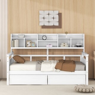 Twin size Daybed, Wood Slat Support, with Bedside Shelves and 2 Drawers for Kids Teens Adults Storage Bed Frame, White