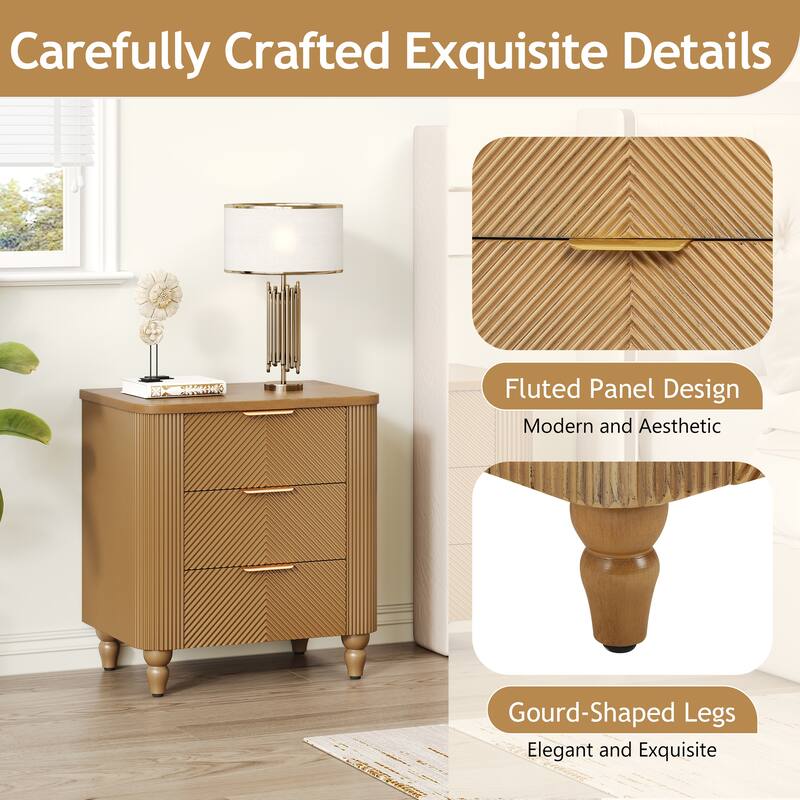 3 Drawers Nightstand Bedroom Bedside Table Sofa End Table with Wooden Gourd Legs