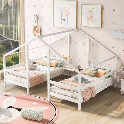Twin Size Pine Double Bed with A Shared Desktop and Rooftop Style