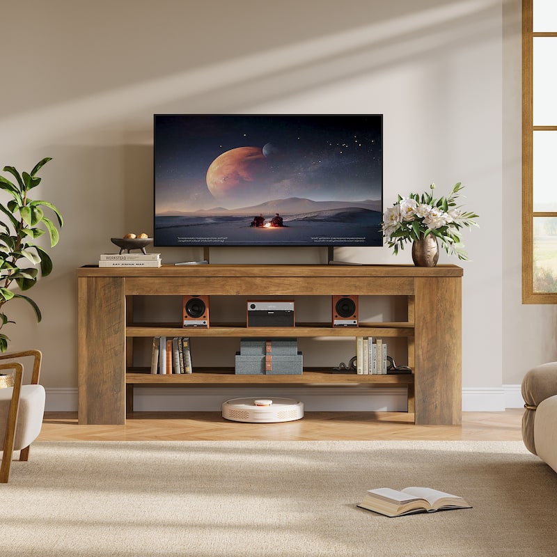 47'' Rustic Brown Wood 3-Tier TV Stand with Open Storage, Shoe Bench, Entryway Bench