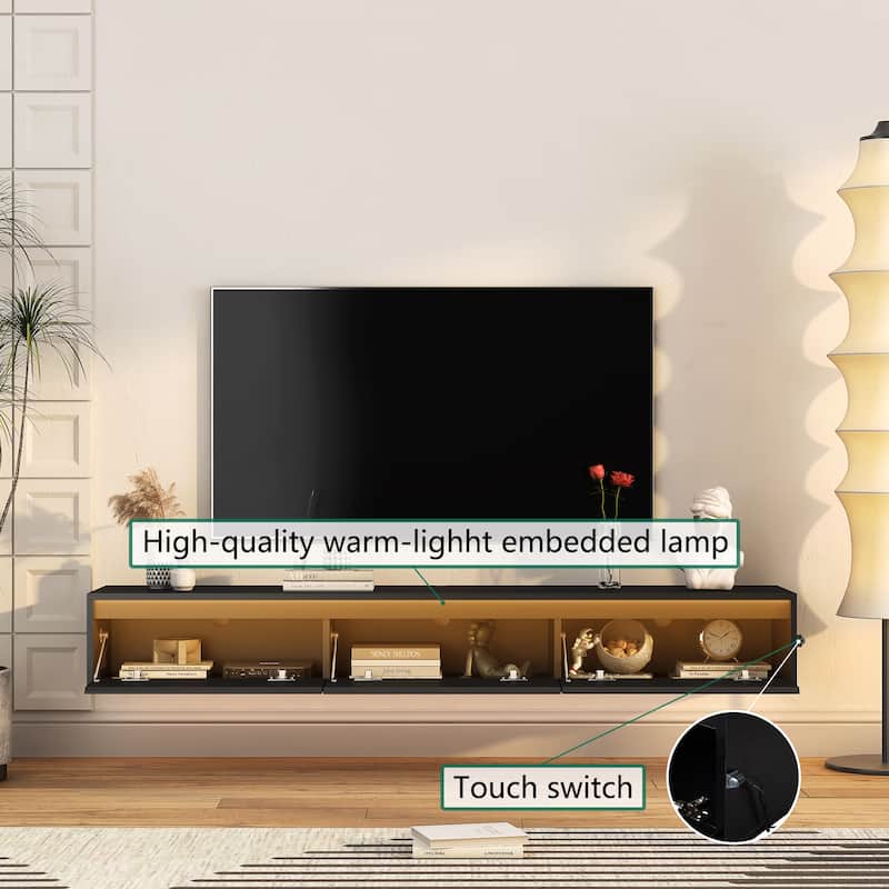 Black 64.96" Floating TV Stand with Open Shelves, LED Lights and Power Outlet for TVs Up to 60"