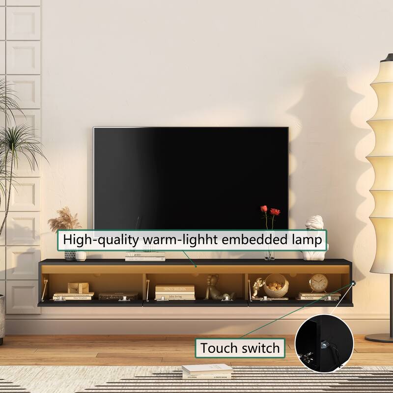 Floating TV Stand, Wall Mounted TV Shelf with LED Lights & Power Outlet, High Gloss TV Cabinet for Black TV Stands.