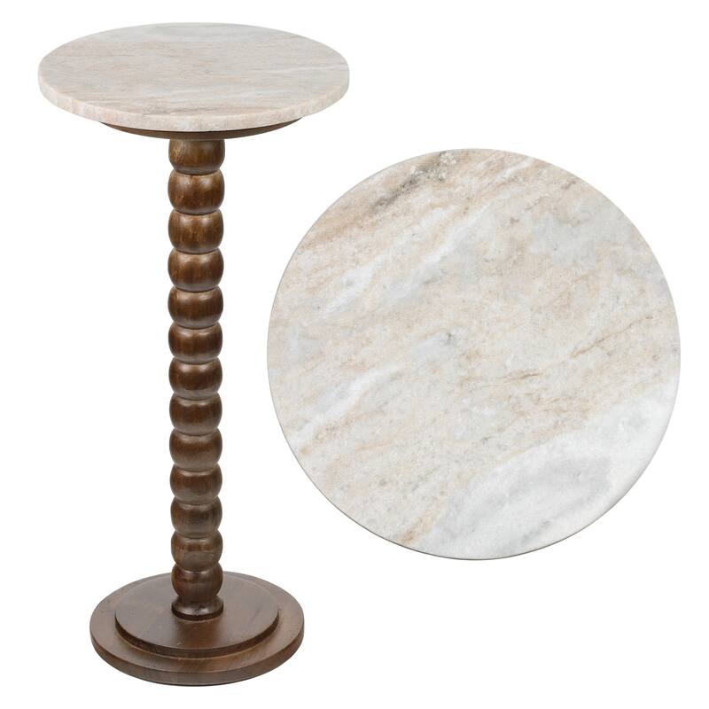 Monroe 24.25″ Farmhouse Spindle Wood Drink & End Table w/ White Marble Top, By JONATHAN Y - Dark Brown/Beige/Gray