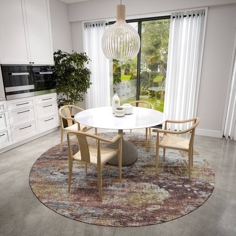 Indoor/ Outdoor Accord Modern Brushstrokes Polyester Washable Rug New - 8' x 8' Round - Mauve Gold Grey