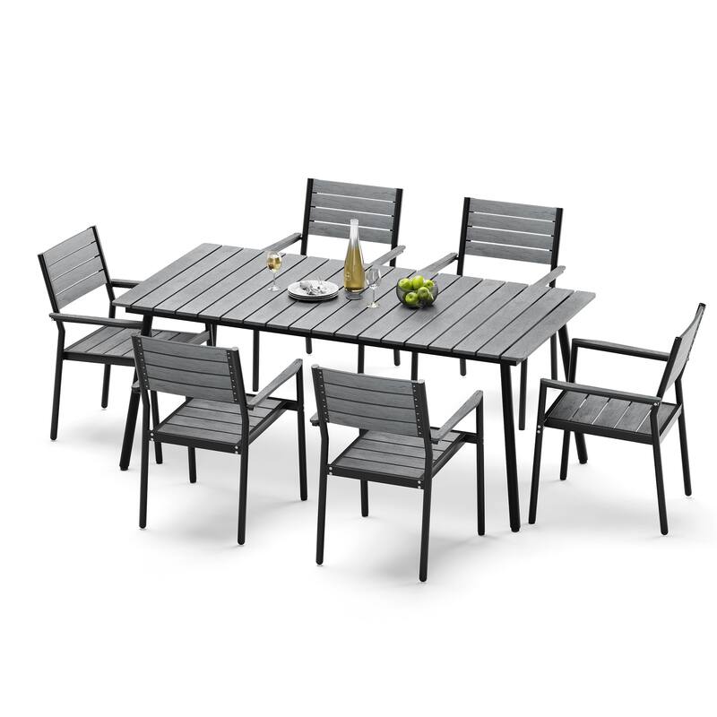 7-Piece Outdoor Dining Set Aluminum Rectangle Patio Dining Table with Umbrella Hole and Stackable Chairs