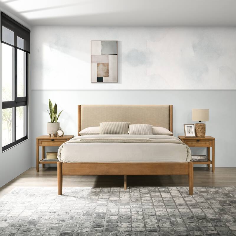 Vichy 6-Piece Rubberwood Bedroom Set with Textured Polyester Upholstered Queen Bed, Dresser, Mirror, Nightstand, and Chest